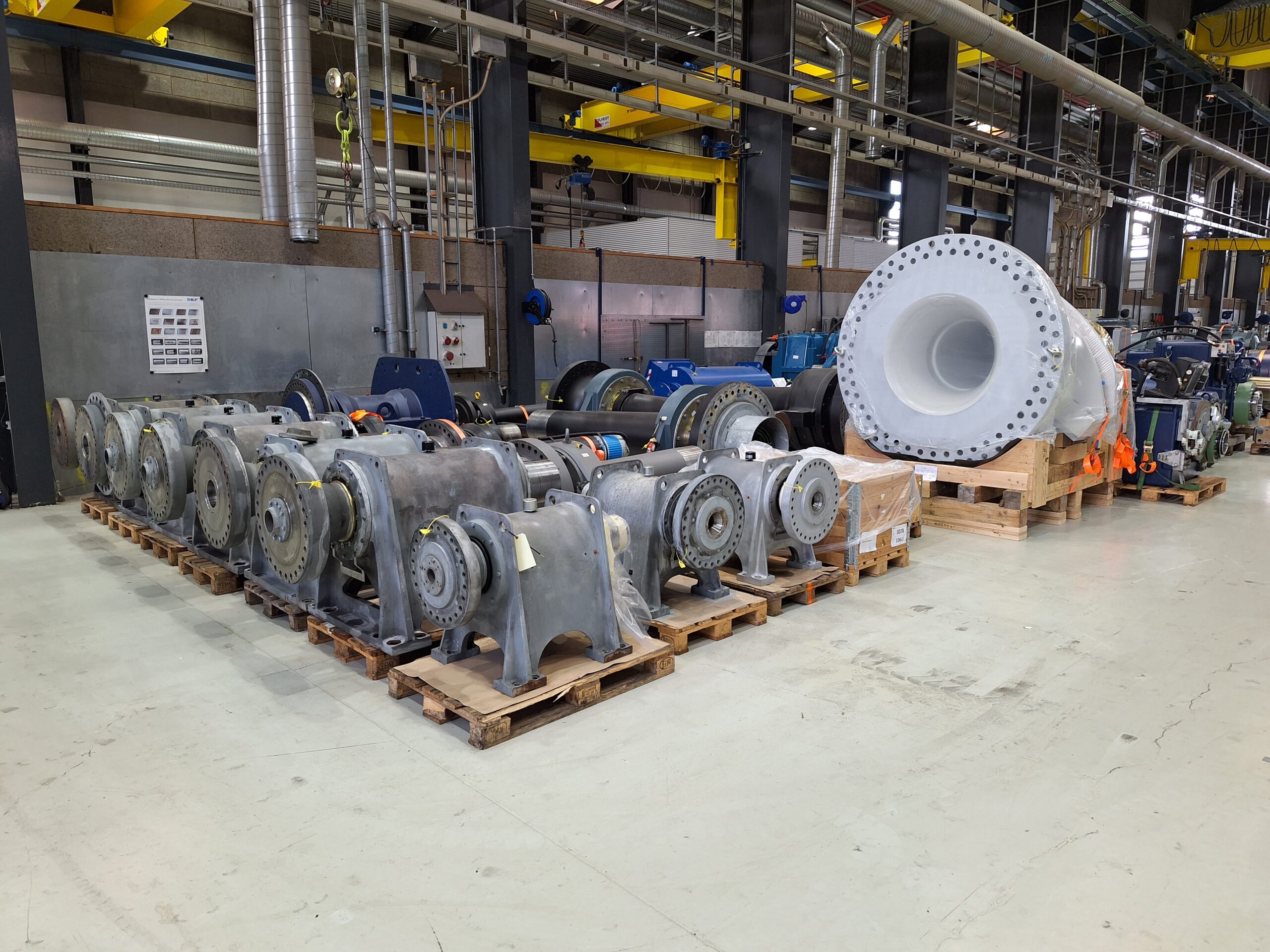 Sideways view of a selection of refubished and repaired wind turbine components.
