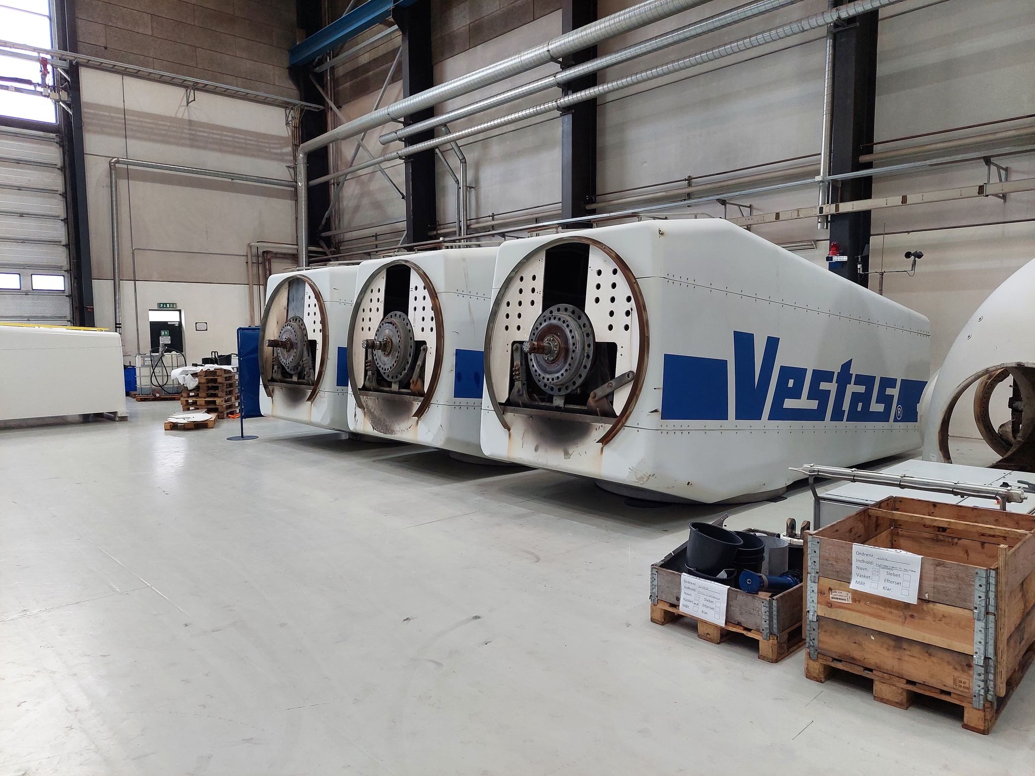 Three refurbished Vestas nacelles at WindTechs workshop in Herning